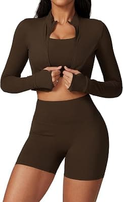 Womens 3 Piece Seamless Workout Set - Shorts, Crop Top, Long Sleeve Jacket & Sports Bra - image 1