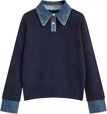 Womens Denim Lapel Sweater Oversized Long Sleeve Button Down Polo Knit Pullover Sweater - image 1