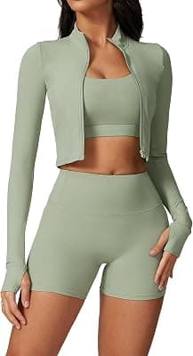 Women's 3 Piece Seamless Workout Set with Shorts, Crop Top, and Long Sleeve Jacket - image 1
