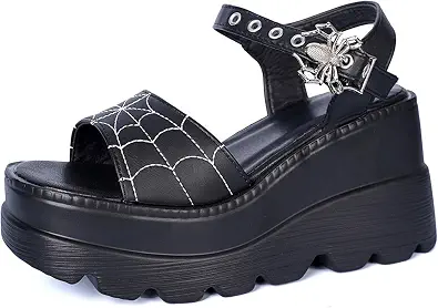 Gothniero Women Black Platform Sandals Goth Chunky Wedge Heel Summer Sandals - image 1