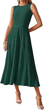 BTFBM Women Tank Midi Dress Summer Crewneck Sleeveless Pleated A-Line Business Casual Formal Sweater Dress - image 1