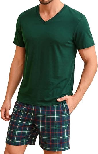 Bresdk Men's Short Pyjama Set, Cotton, Checked Two-Piece Sleepwear for Men Green-Red XL - image 1