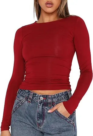 Women Slim Fit Long Sleeve Crop T-Shirt Crew Neck Solid Color Basic Top - image 1