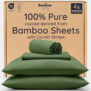 Bambaw Full Sheet Set 4pcs – 100% Viscose Derived from Bamboo Sheets Full Size Set, Cooling Bed Sheets for Hot Sleepers, with Elastic Corner Straps (Olive) - image 1
