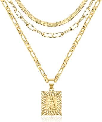 KissYan 14K Gold Plated Layered Initial Letter Pendant Necklace Set for Women - Paperclip, Snake & Figaro Chains - image 1