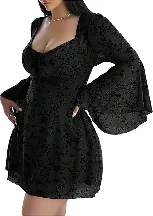 Floerns Women's Plus Size Floral Gothic Mesh Flare Dress Long Sleeve - image 1