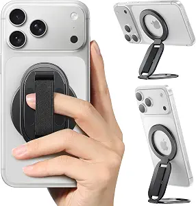 SUPERONE Foldable MagSafe Phone Grip & Stand with Finger Loop Strap, Upgraded Two-Sided Magnets Removable Phone Ring Holder, Mag Safe Kickstand for iPhone 17/16/15/14/13/12 Series and MagSafe Cases - image 1