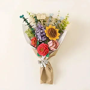 ROBOTIME Forever Flowers Bouquet, Wooden Flower Bouquet Building Kit TW01H, Sunflower/Red Camellia/Pink Rose/Lilac Gift for Mom/Wife - image 1