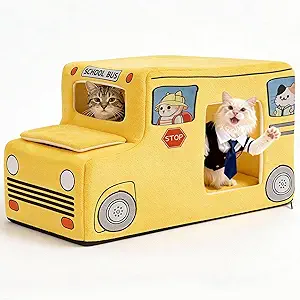 VIEFIN Cute Cat Beds Kitten Beds, Soft Small Dog Beds, Washable Pet Beds for Puppy and Kitty, Funny School Bus Cat Cave, 23 Inches - image 1