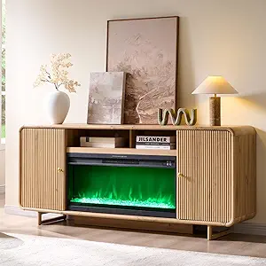 IFGET 70" Fluted Fireplace TV Stand for 80 Inch TV, Modern Entertainment Center w/36'' Electric Fireplace, Wood Media Console w/Curved Profile Design and Adjustable Shelves for Living Room,Natural Oak - image 1