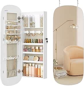 SONGMICS LED Jewelry Cabinet with Wall-Mounted Rounded Wide Mirror, Lockable, 10 x 42 x 108 cm, White with Greige Lining - image 1