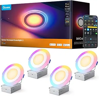 Govee Smart Recessed Lighting 4 inch, RGBIC LED Recessed Light Compitable with Matter and Alexa, 2700K-6500K Dimmable 900LM Canless Downlight with Junction Box for Bedroom, 4 Pack - image 1