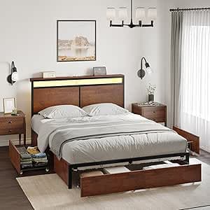 HAUSOURCE Full Size LED Platform Bed Frame with Headboard & 4 Storage Drawers, 2 Charging Outlets and USB Ports, Strong Metal Slats, No Box Spring Needed - image 1