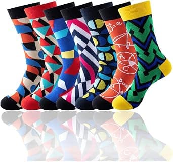 VEGCOO 7 Pairs Funny Socks for Men Comfortable Cotton Casual Crew Socks Dress Socks Colorful Novelty Socks Pack - image 1