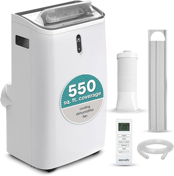 SereneLife 12,000 BTU Portable Air Conditioner - Compact Room Air Conditioner with Dehumidifier & Fan, Mini AC Unit for Rooms Up to 550 Sq. Ft., Window Kit Included, Rolling Wheels, Black - image 1