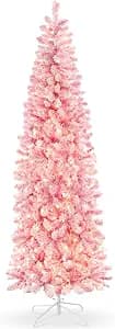 Best Choice Products Flocked Pink Pencil Christmas Tree, Pre-Lit Slim Artificial Holiday Decoration, 6ft Lighted Skinny with Base, Warm White Lights - image 1