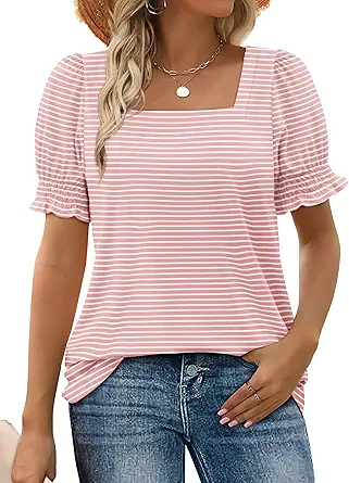 WIHOLL Women's Summer Casual Ruffle Trim Sleeve Square Neck T-Shirt - image 1