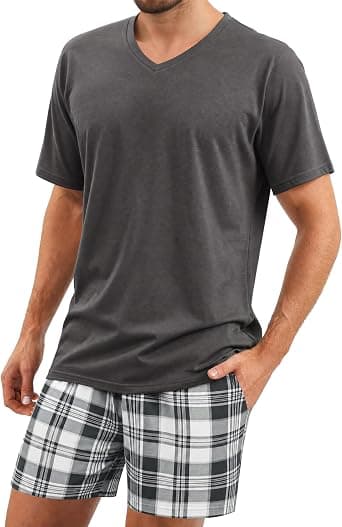 Bresdk Men's Short Pyjama Set, Cotton, Checked Two-Piece Sleepwear for Men, Black Grey, XL - image 1
