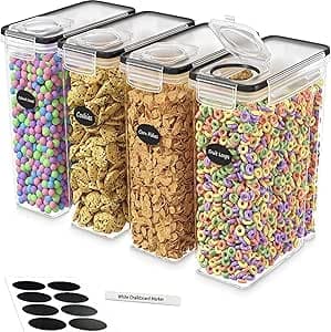 4L Cereal Storage Containers - Airtight Flip Top Lids, BPA-Free, Clear Plastic with Labels for Easy Organization - Kitchen Pantry Organizer - Perfect for Cereal, Corn Flakes and Dry Food Storage (Set of 4) - image 1
