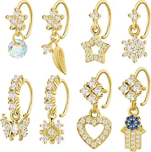 Landical 8 Pcs Gold Plated Copper Dangle Nose Ring Hoops for Women with Butterfly Moon Star Heart Charms - image 1