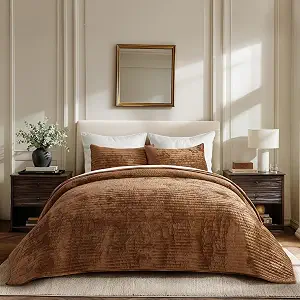 EVERGRACE Velvet Quilt Set King Size - Dark Brown, Luxurious Soft Striped Channel Bedding with 2 Matching Shams - image 1