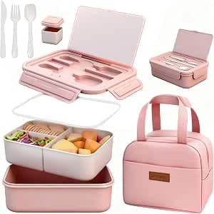 Bento Box with Lunch Bag for Women & Girls, 1100ml BPA-Free Pink | Includes lunch bag, spoon, fork, sauce box,BPA-free & dishwasher safe,For adults.child, school, work, office, travel, picnic - image 1