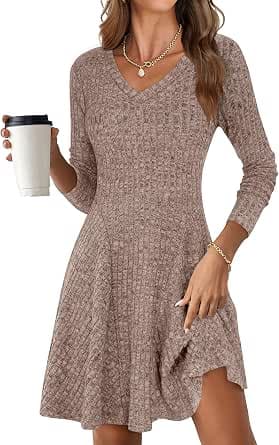 ANRABESS Women Long Sleeve Ribbed Knit Short Dresses 2026 Spring V Neck Casual Swing A Line Sweater Dress - image 1
