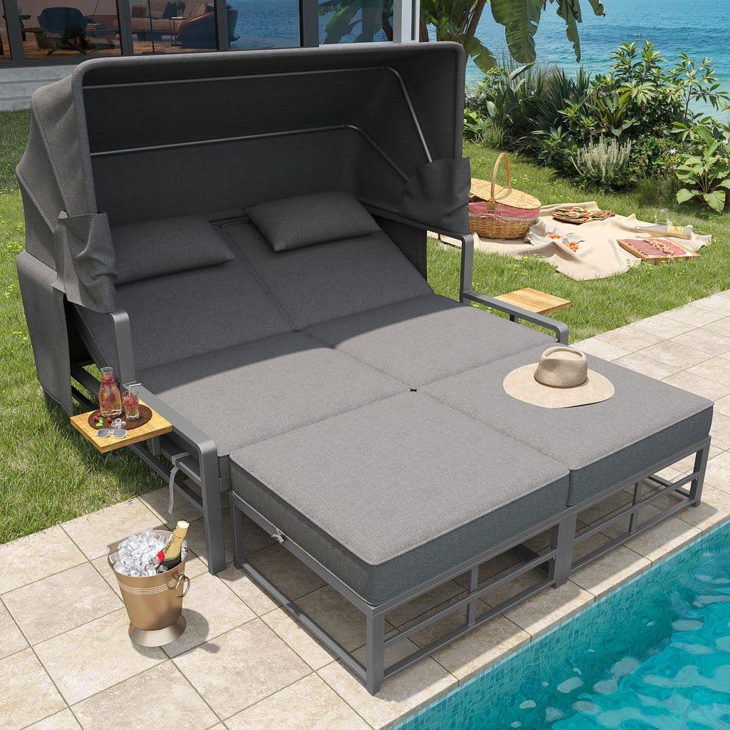 MERAX Gartenliege 3-teiliges Sonneninsel Sitzgruppe Gartenmöbel Gartenlounge-Set für 2-4 Personen, Doppelliege Schlafsofa Sonnenliege Set, Grau - image 1