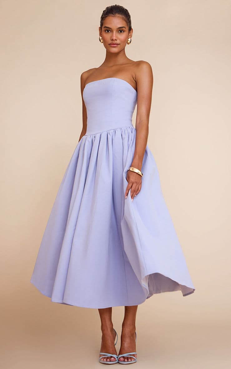 Cornflower Blue Polka Dot Woven Bandeau Ruched Skater Midaxi Dress - image 1