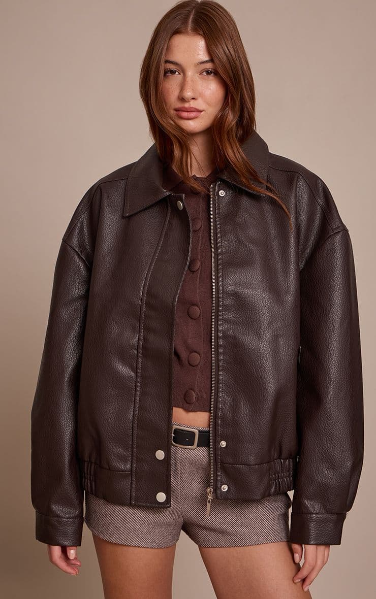 Chocolate Concealed Placket Faux Leather Bomber Jacket - image 1