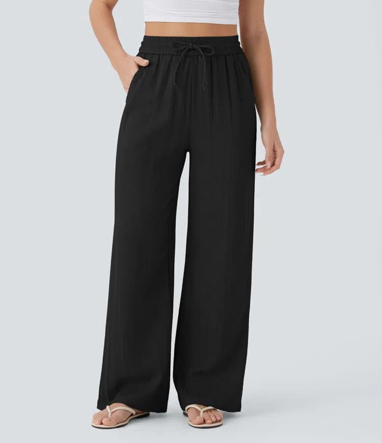 High Waisted Drawstring Side Pocket Wide Leg Casual Linen-Feel Pants - image 1