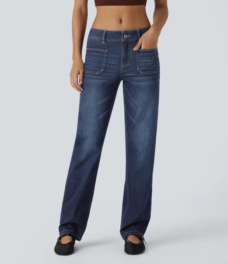 Halara Flex™ Low Rise Zipper Pockets Straight Leg Washed Casual Jeans - image 1