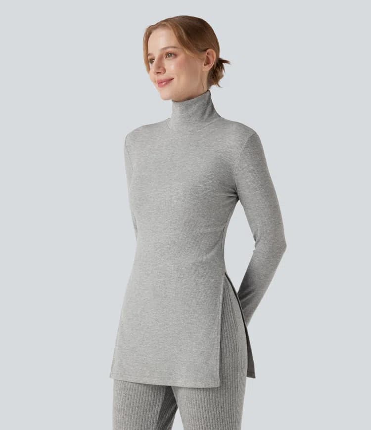 Ribbed Knit High Neck Long Sleeve Casual T-Shirt - image 1