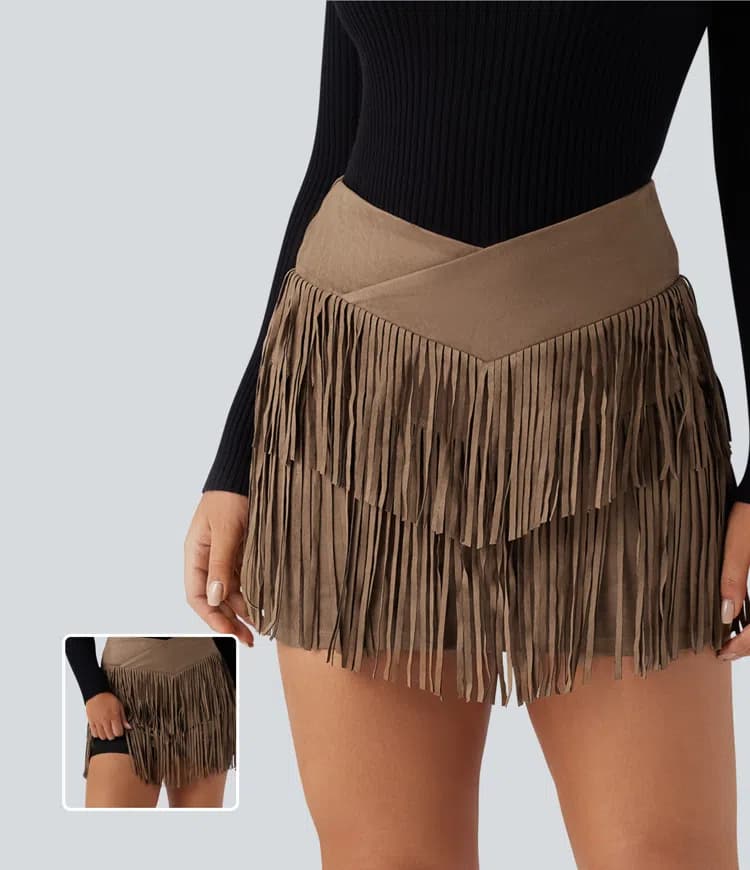 Crossover High Waisted 2-in-1 Fringe Hem Bodycon Mini Suede Party Skirt - image 1