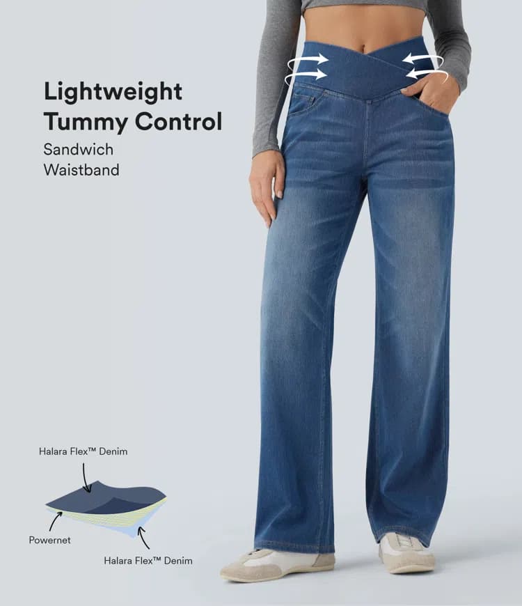 Halara Flex™ Crossover High Waisted Tummy Control Women Casual Straight Leg Denim Jeans with Pockets - image 1