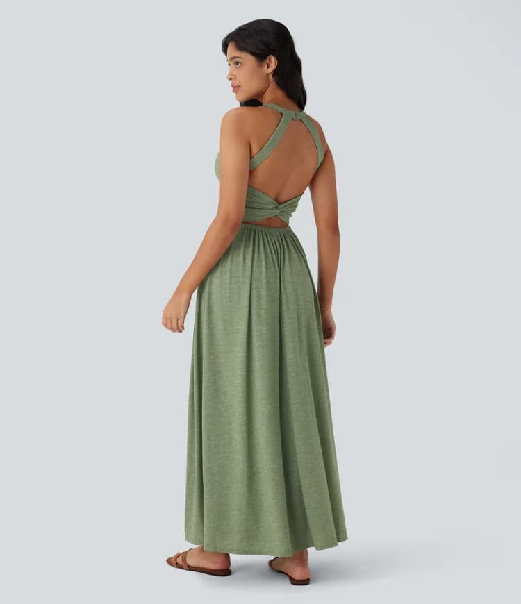 Backless Twisted Side Pocket Split Flowy Maxi Resort Dress - image 1