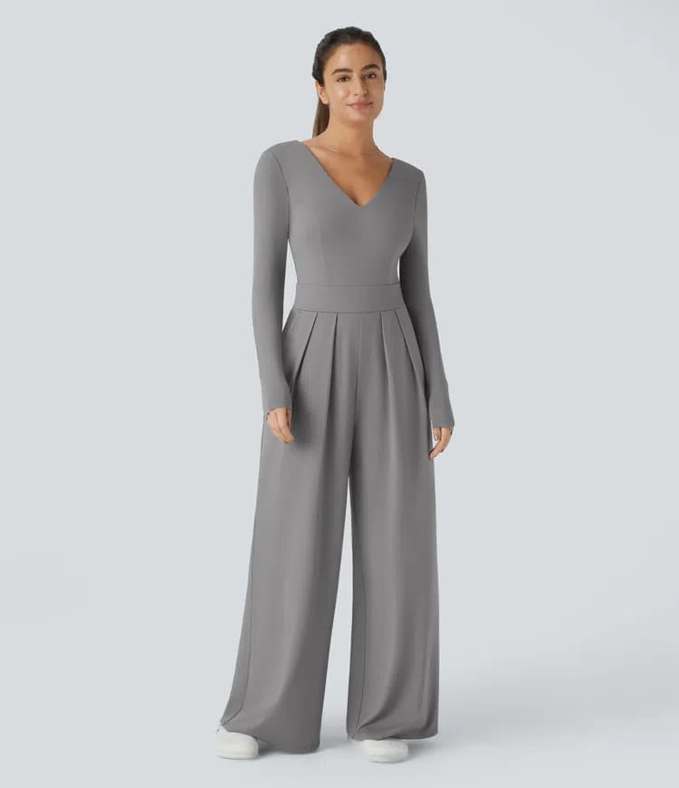 V Neck Backless Long Sleeve Side Pocket Wide Leg Casual Jumpsuit - image 1