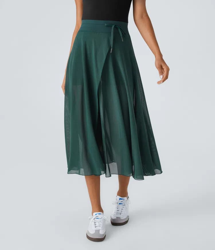 High Waisted Drawstring Contrast Mesh 2-in-1 Pocket Flowy Midi Flare Casual Skirt - image 1