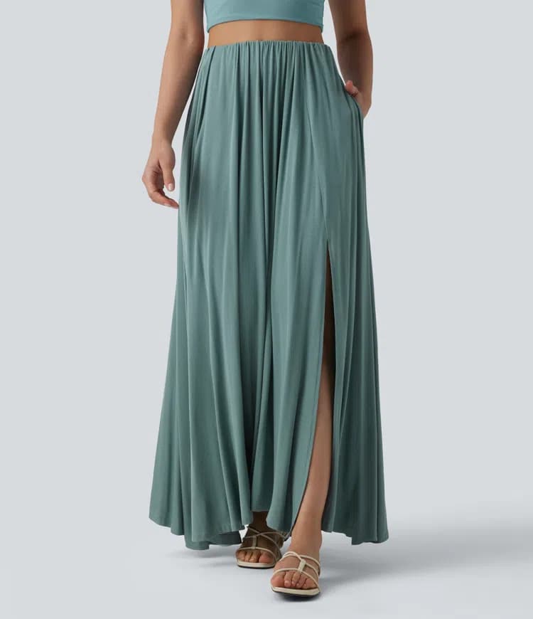 High Waisted Flowy Maxi Casual Skirt with Pockets - image 1