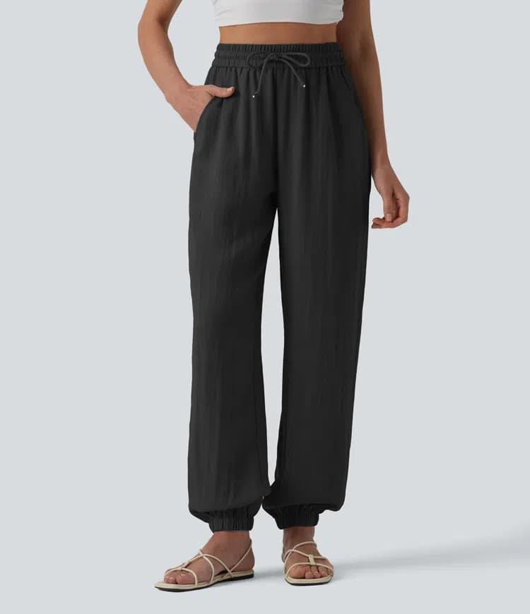 High Waisted Drawstring Wide Leg Casual Linen-Feel Joggers with Pockets - image 1