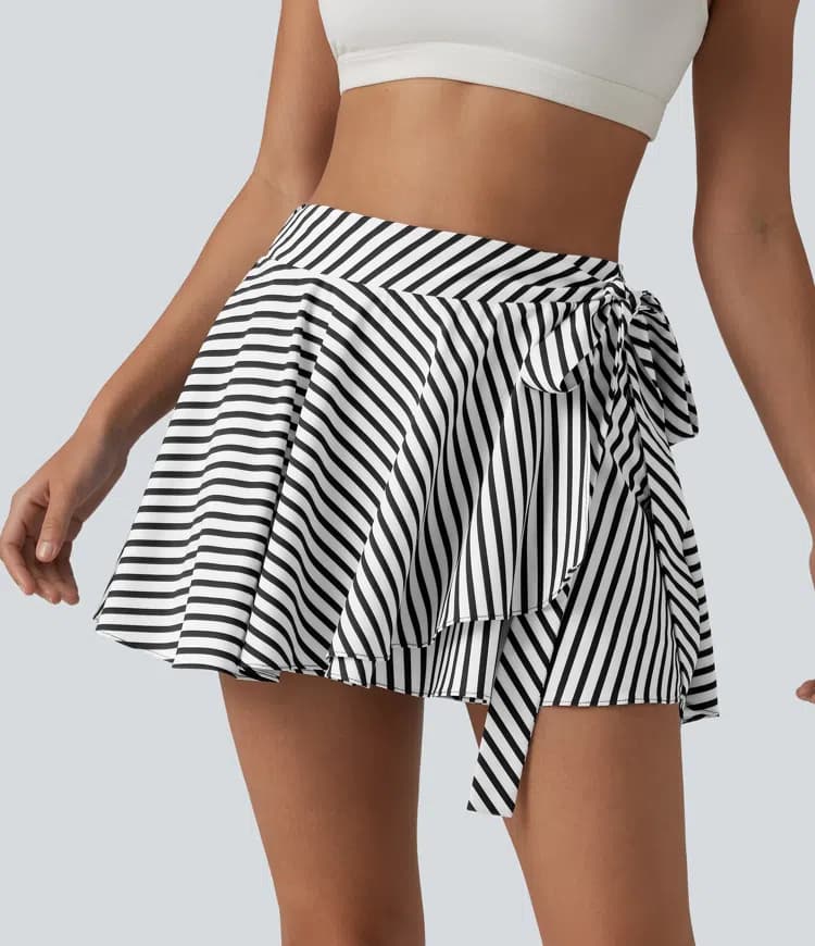 High Waisted Tie Side 2-in-1 Leopard Print Flowy Mini Tennis Skirt with Pocket - image 1