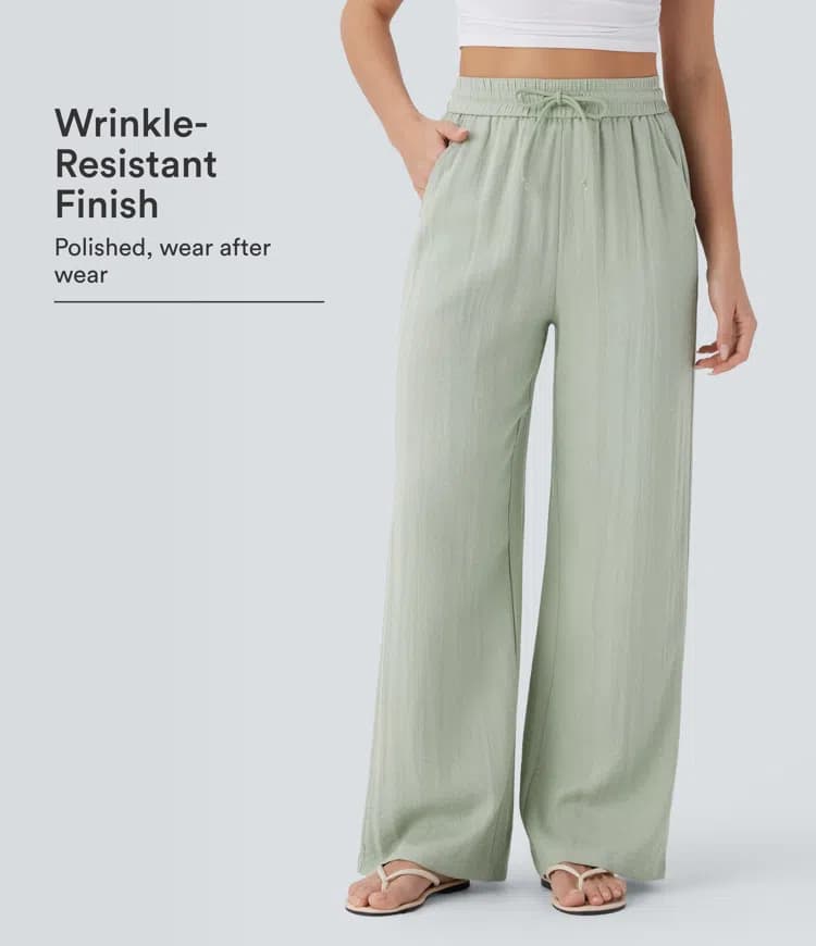 High Waisted Drawstring Pocket Wide Leg Casual Linen-Feel Pants - image 1