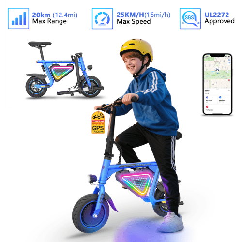 Gyrocopters Radi8 Kids Electric Scooter with Seat | UL 2272 Approved Ride On Escooter | 20 km Range, 25 km/h Speed | Rear Disc Brakes | LED Lights, Anti-theft GPS Tracker (Blue) - image 1