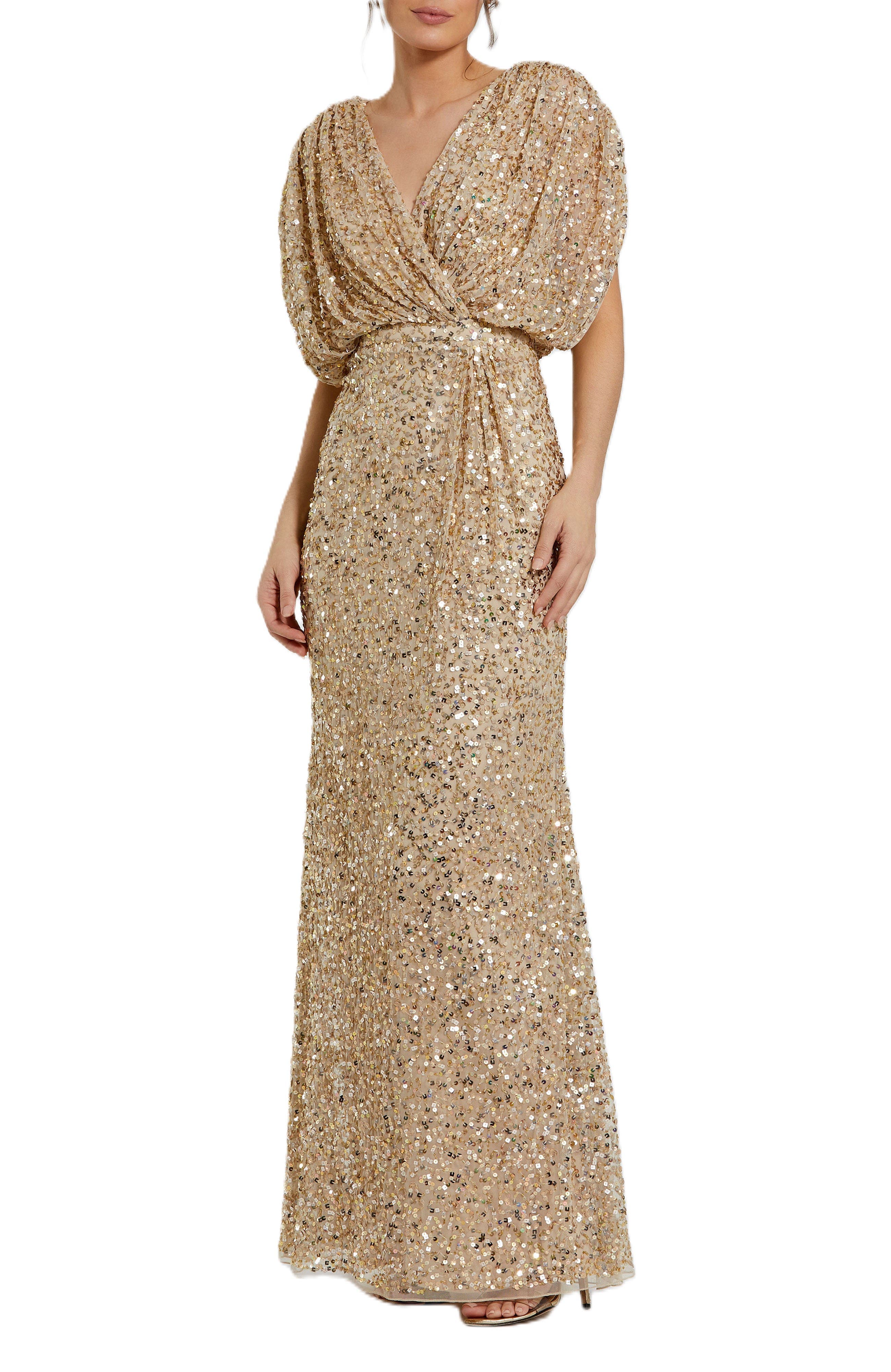 Draped Sleeve Sequin V-Neck Gown - image 1