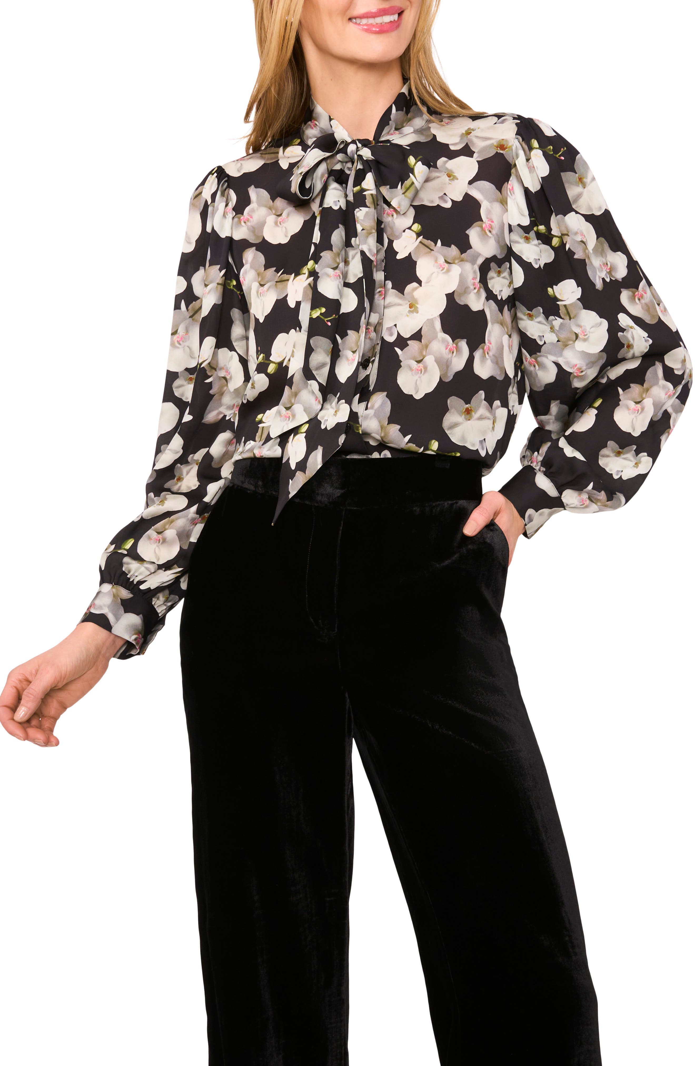 Floral Tie Neck Button-Up Shirt - image 1