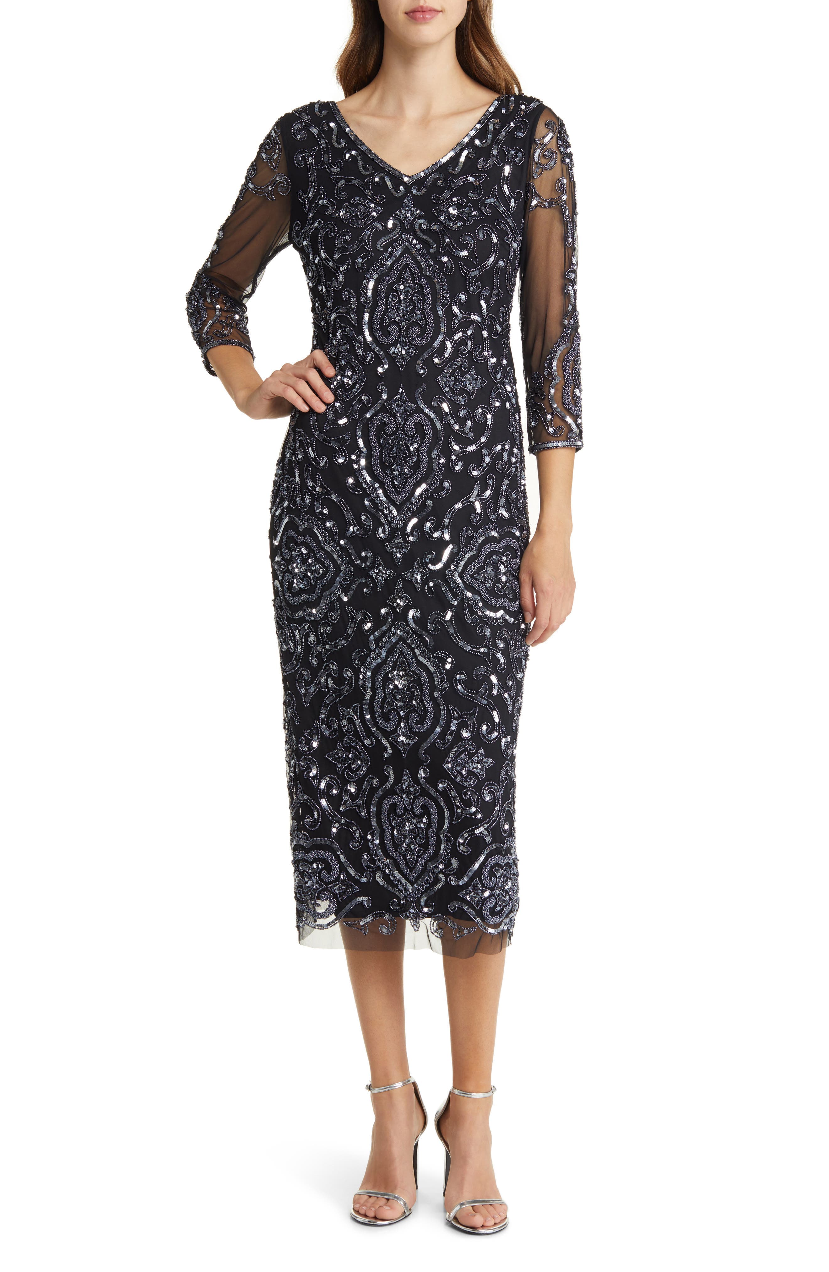 Sequin & Beaded Cocktail Sheath Dress - image 1