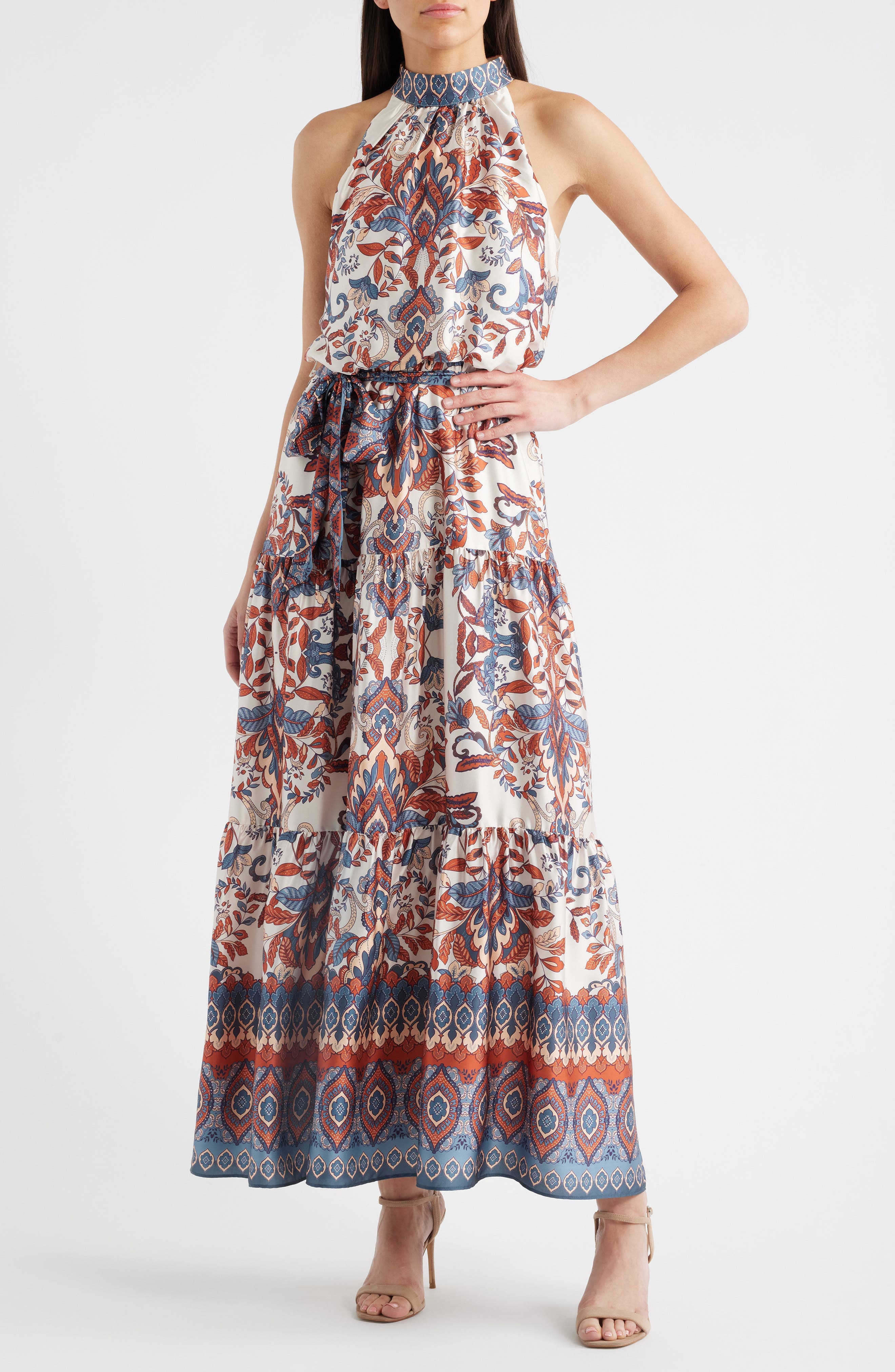 Sleeveless Tiered Mock Neck Waist Tie Dress - image 1