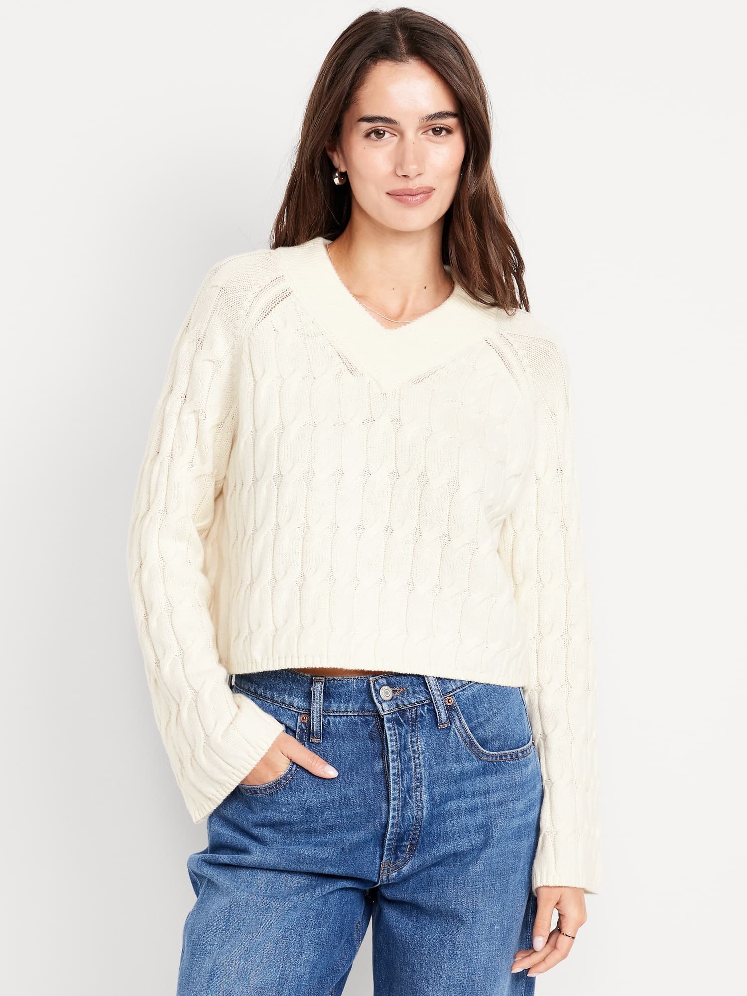 Wool-Blend V-Neck Cable Cropped Sweater - image 1
