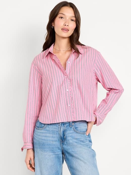 Cropped Button-Down Ruffle-Front Shirt - image 1