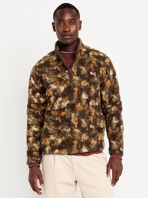 Old Navy Printed Sherpa Quarter-Zip Pullover Brown Camouflage - image 1
